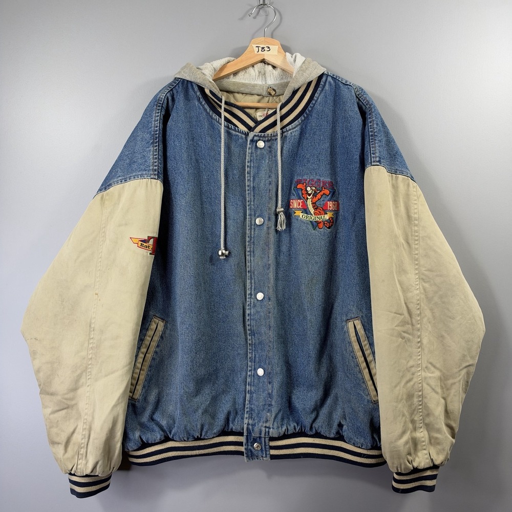 Vintage The Disney Store Jacket Mens 3XL Blue Denim Hooded Tigger Varsity 90s